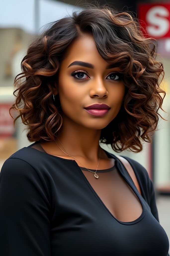 Natural Curly Lob with Subtle Highlights