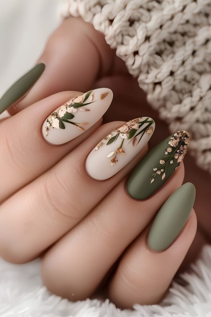 Olive Sage Floral Accent Nails