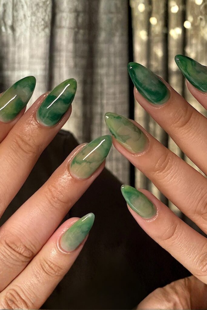 Olive Sage Glossy Marble Nails