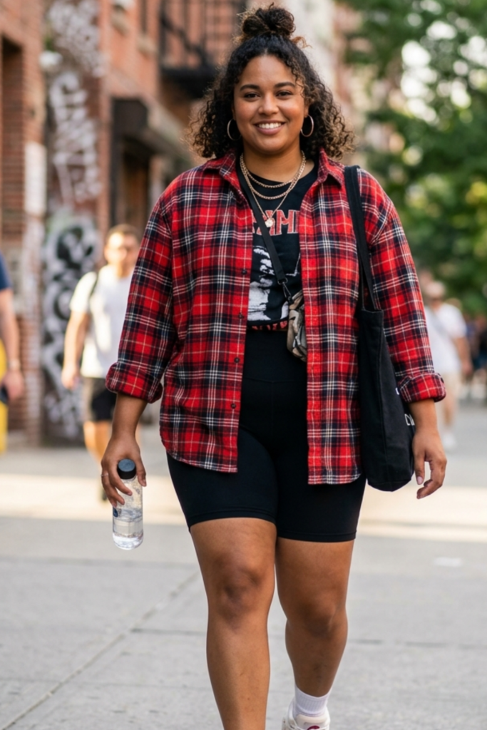 Plus-size streetwear: oversized flannel with biker shorts