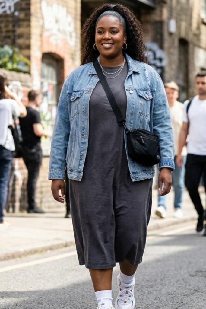 Plus-size streetwear: oversized tee dress with a denim jacket