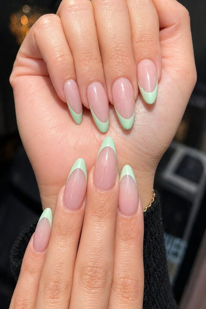 Pastel Sage French Tip Oval Nails