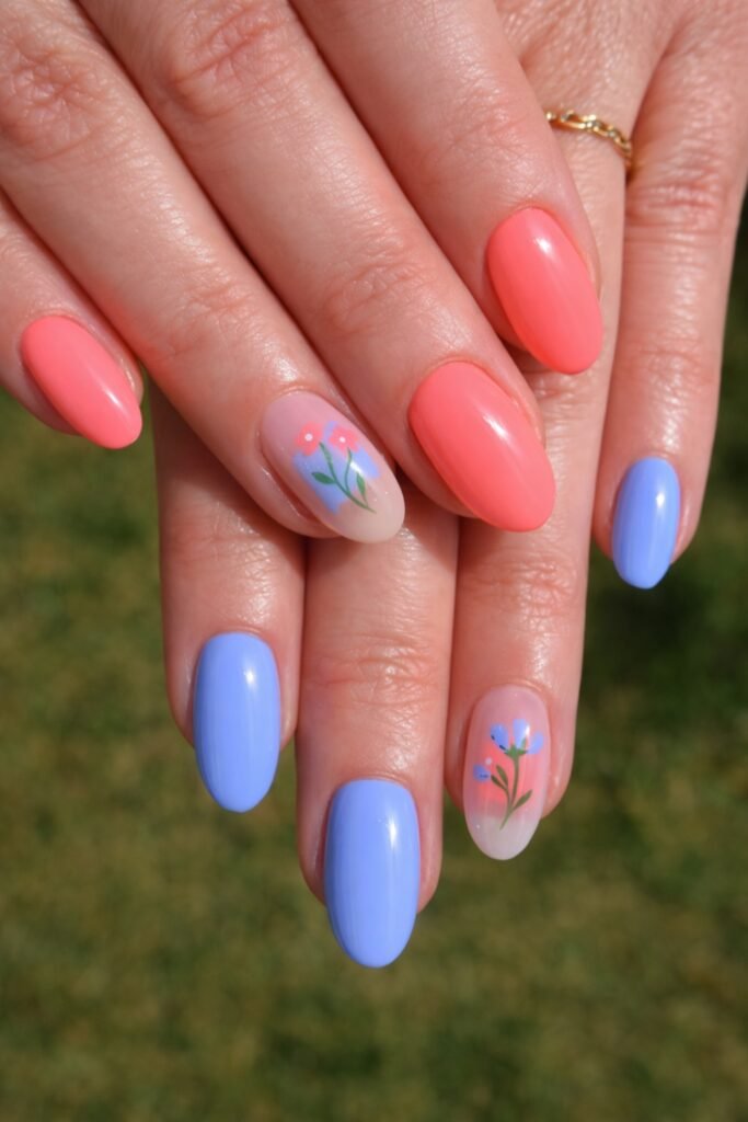 Peach and Baby Blue Floral April Nails