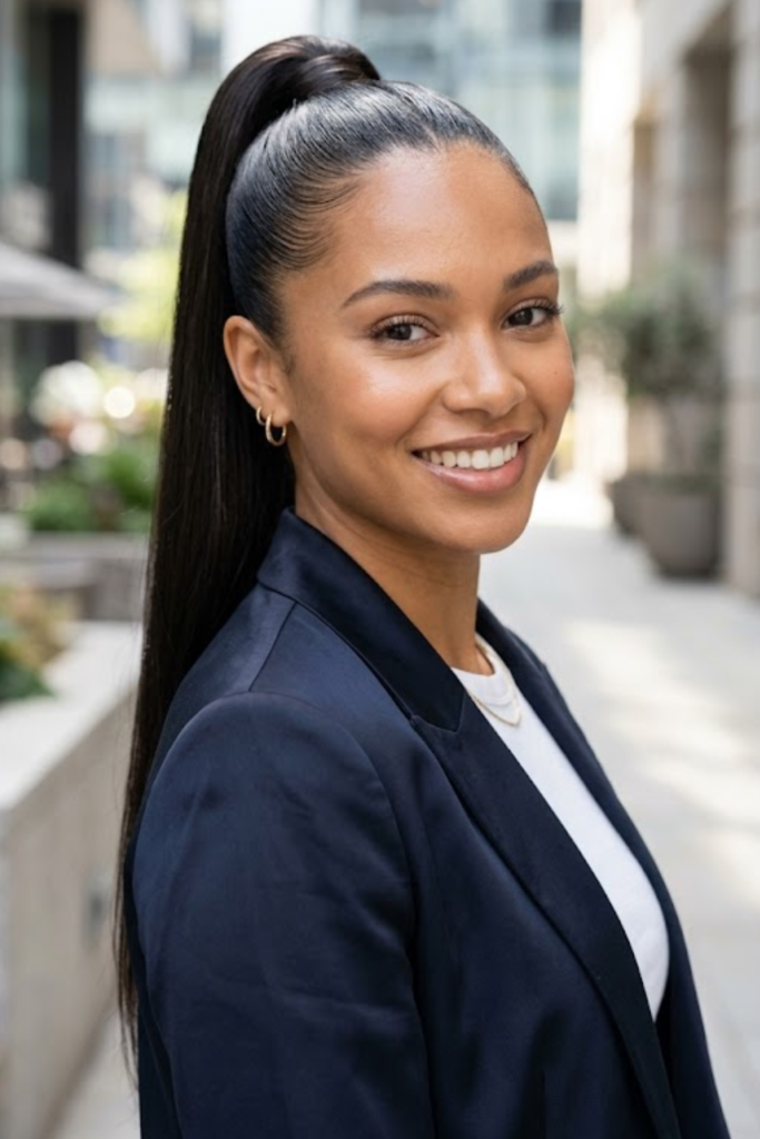 Woman with a sleek ponytail and a navy blazer
