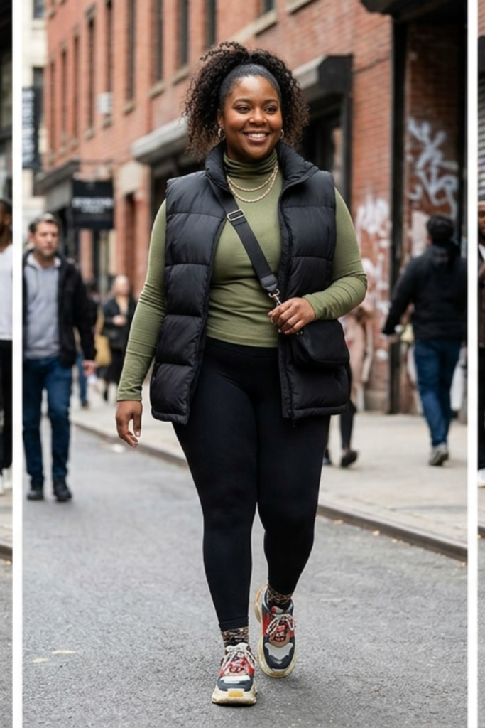 Plus-size streetwear: puffer vest, long sleeve tee and leggings