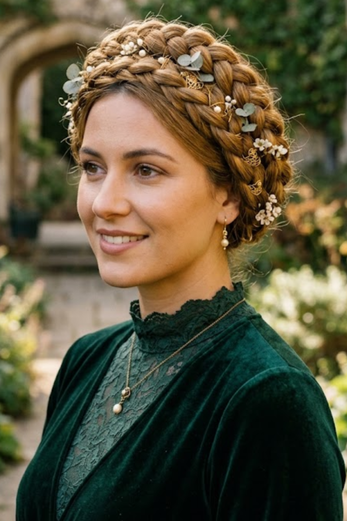Woman with a braided crown and a green velvet top