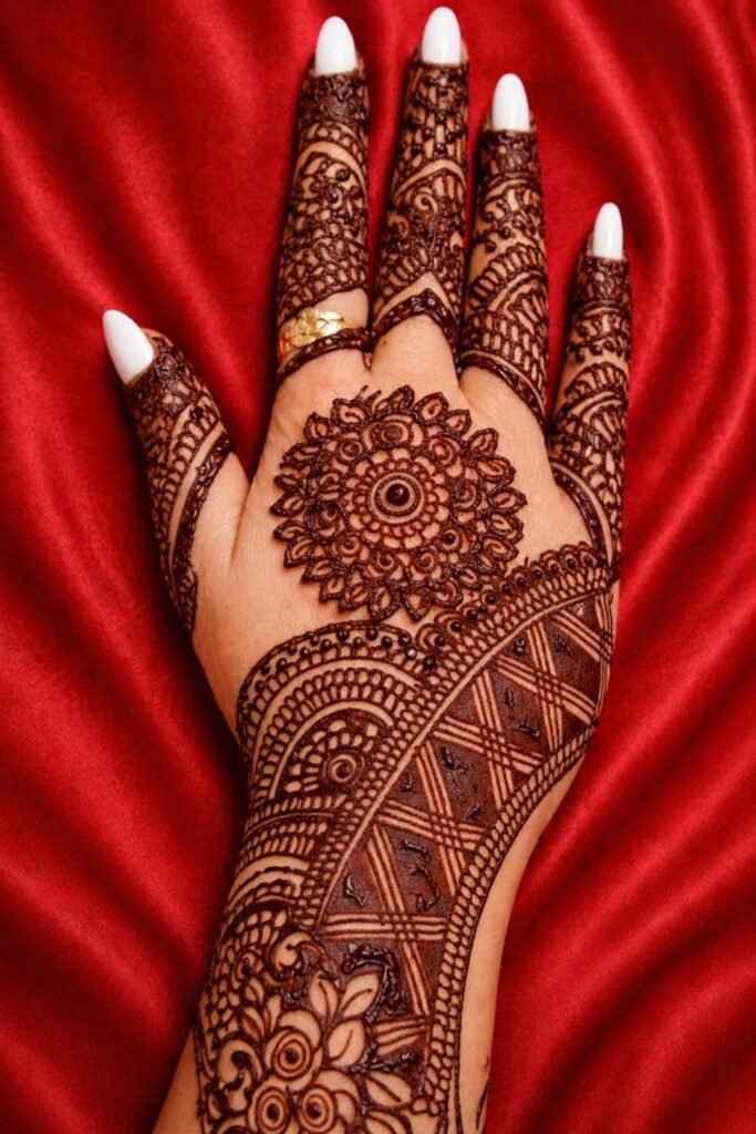 Rich Indian Bridal Back Hand Mehndi with Mandala Center