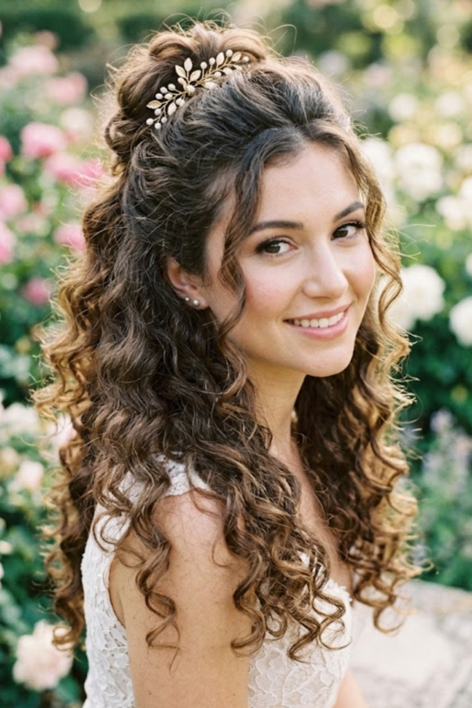Woman with half-up curls and a small hair accessory