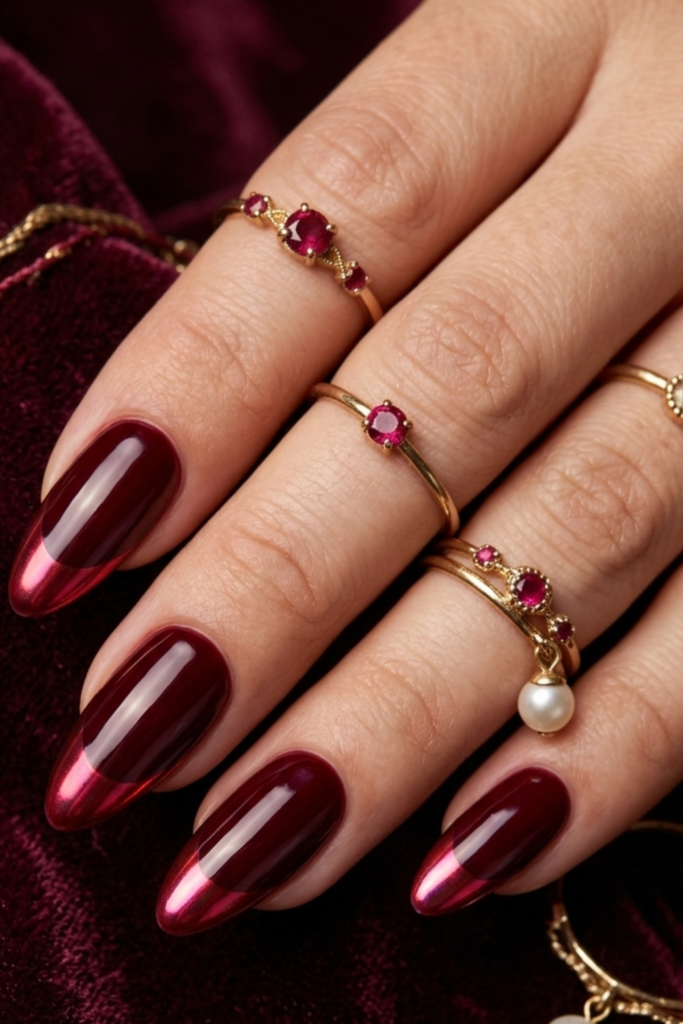 Ruby Red Chrome French Tips