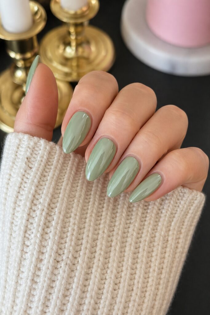 Sage Green Chrome Accent Almond Nails