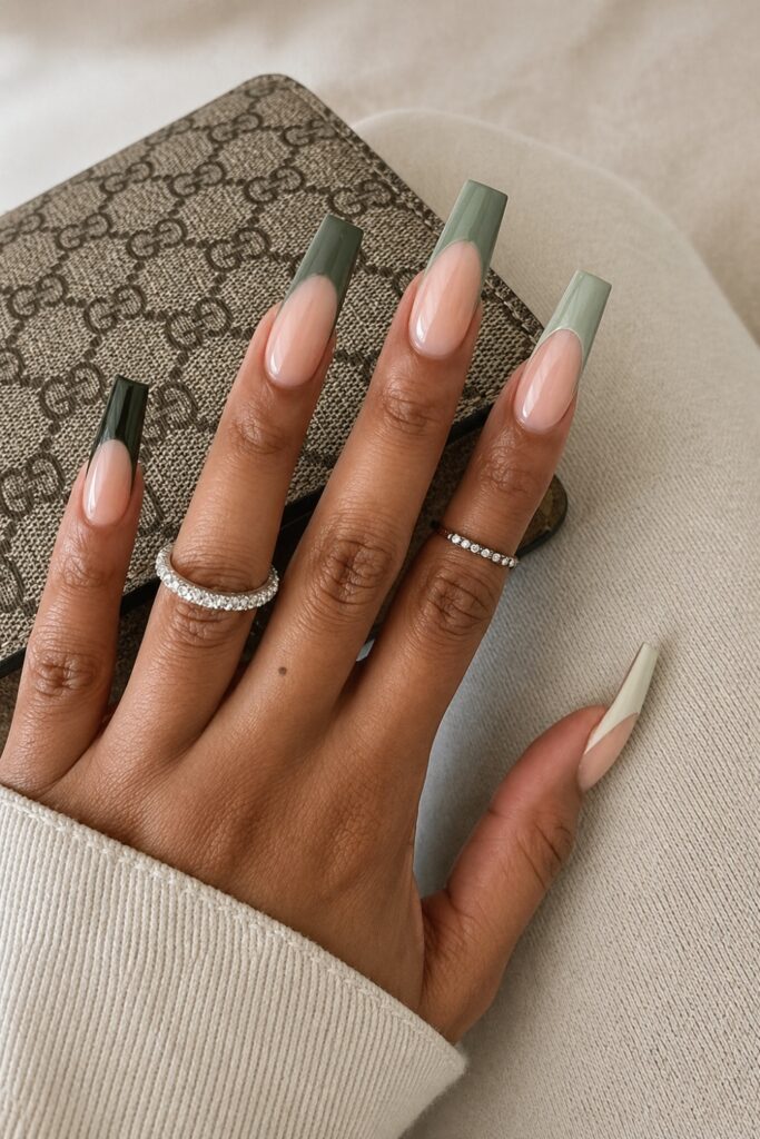 Sage Green French Tip Coffin Nails