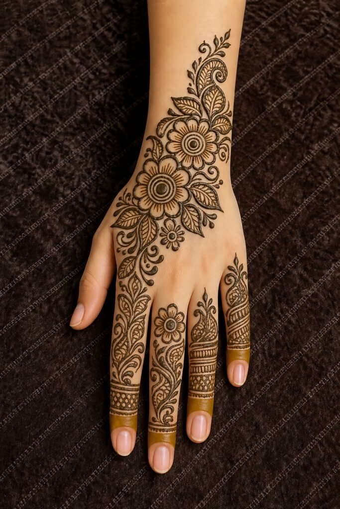 Semi-Detailed Floral Vine Back Hand Mehndi Design