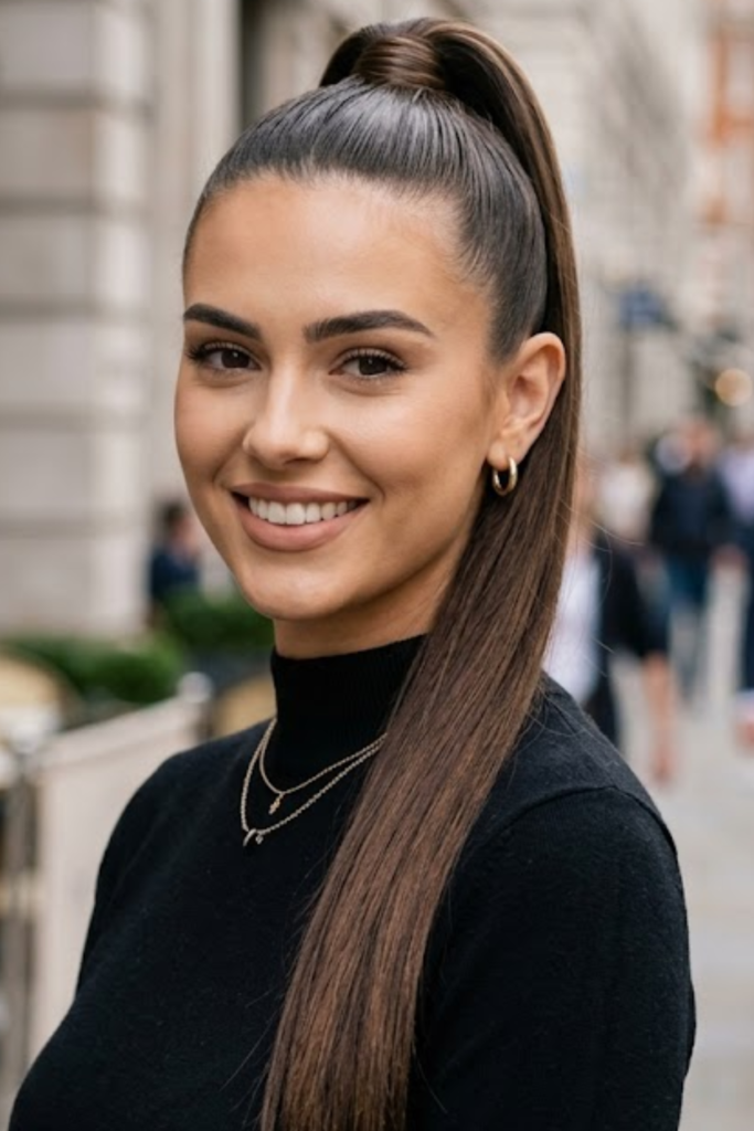 Woman with a sleek high ponytail and a black turtleneck