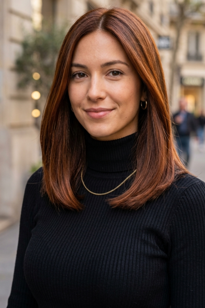 Sleek Mid-Length Chocolate Copper Hair