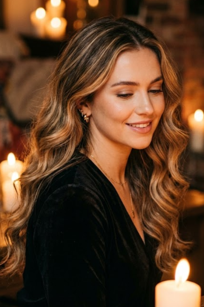 Woman with soft waves in warm candlelight