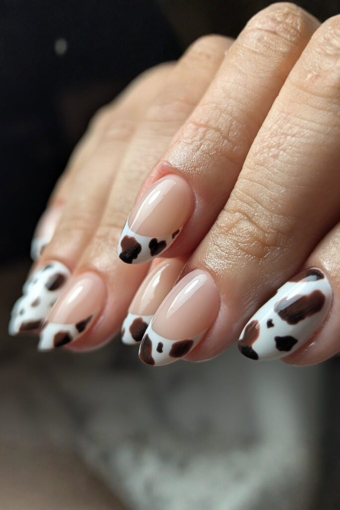 Soft Cow Print on Almond Nails