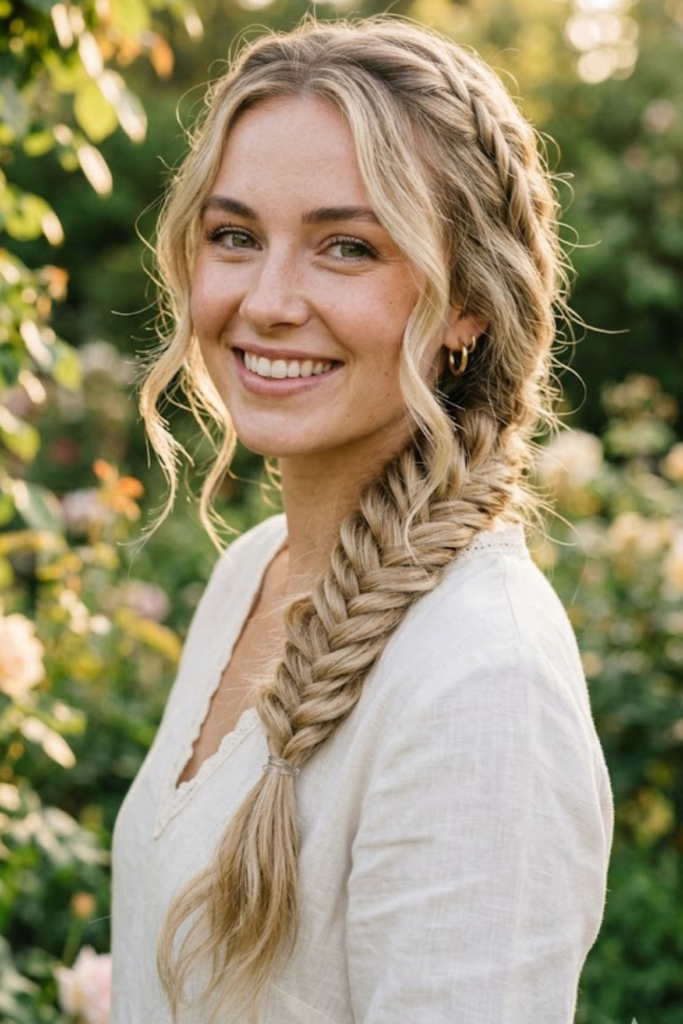 Woman with a soft fishtail braid over one shoulder