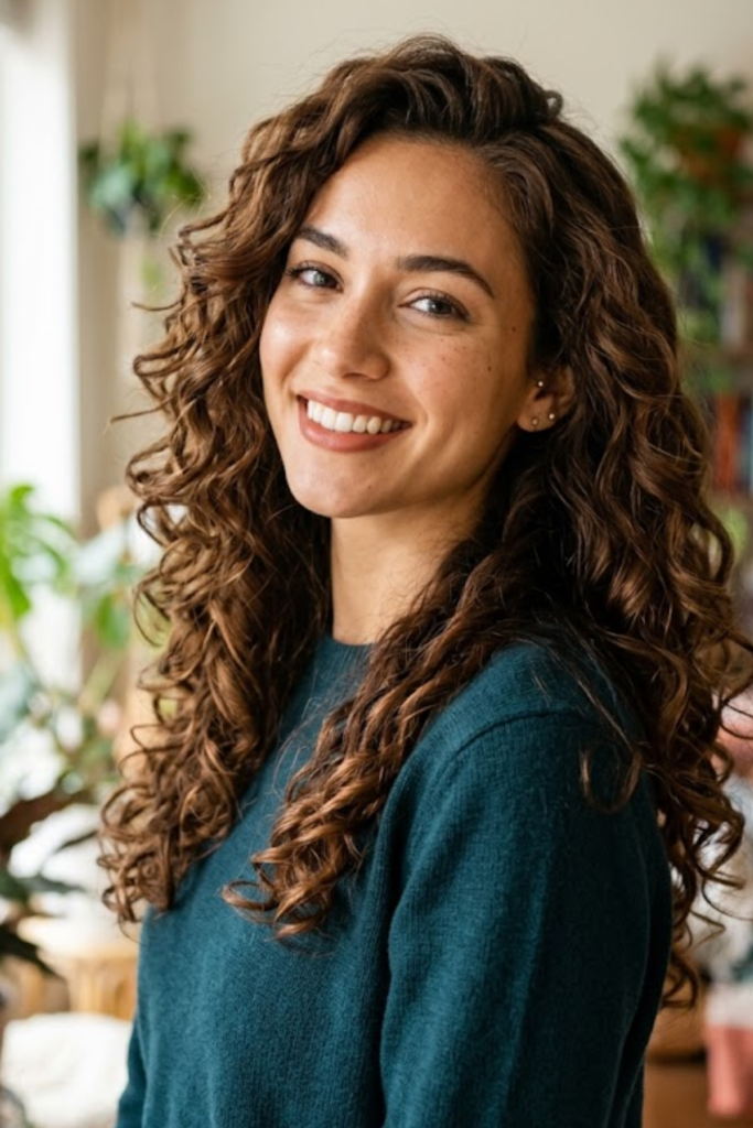 Woman with soft voluminous curls and a teal top