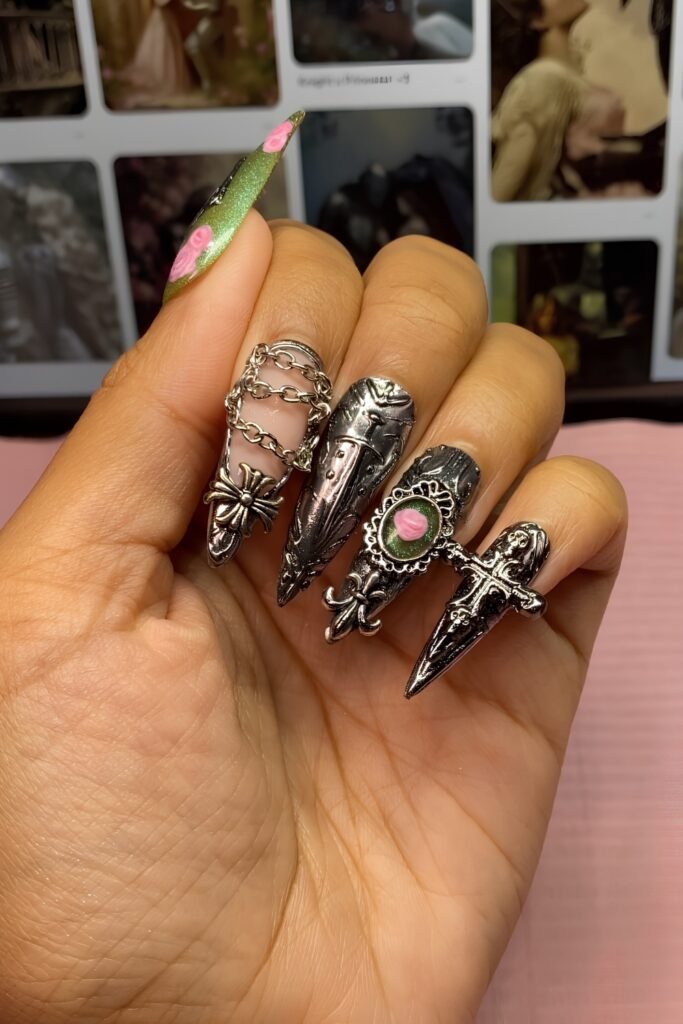 Splatter Silver Stiletto Bold Character Nails