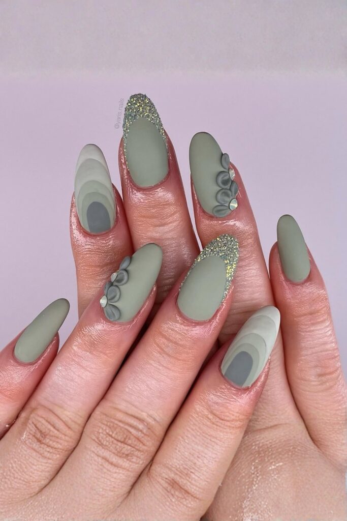 Swirl Sage Matte Almond Nails