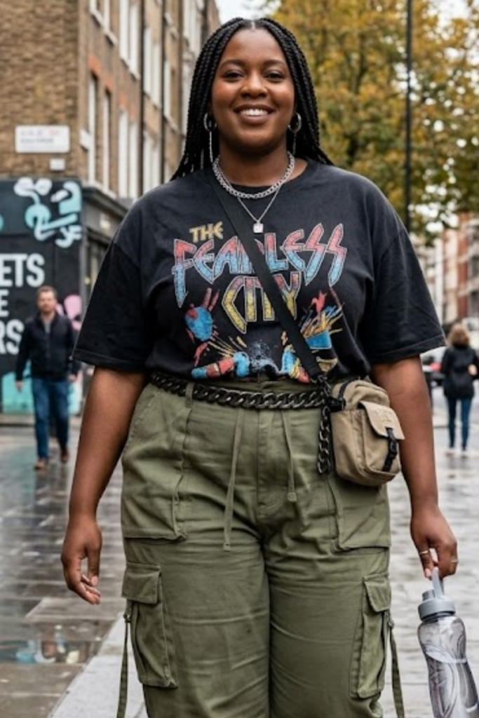 Plus-size streetwear: graphic tee and cargo pants