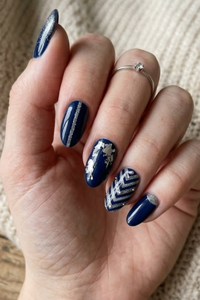 Navy Nails With a Touch of Silver