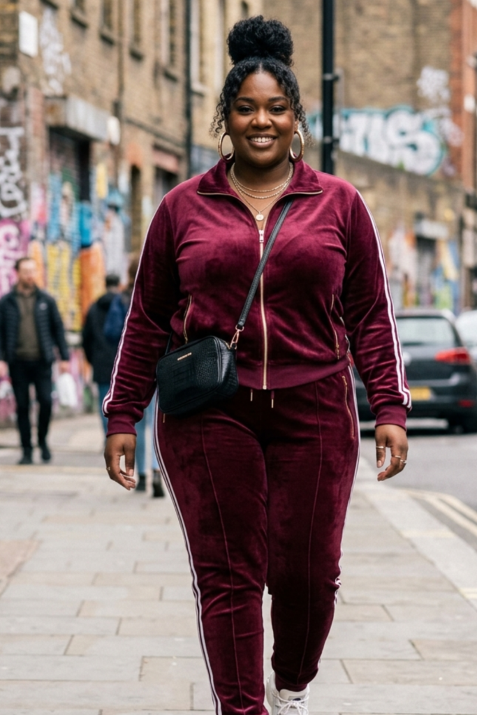 Plus-size streetwear: velour tracksuit with hoop earrings