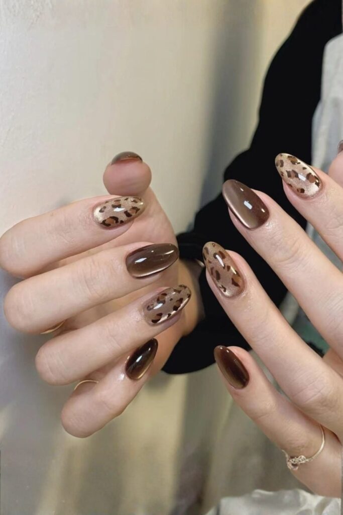 Warm Leopard Print on Glossy Almond Nails