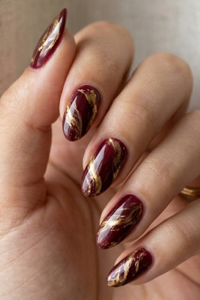 Wine Red Marble Gold Swirls