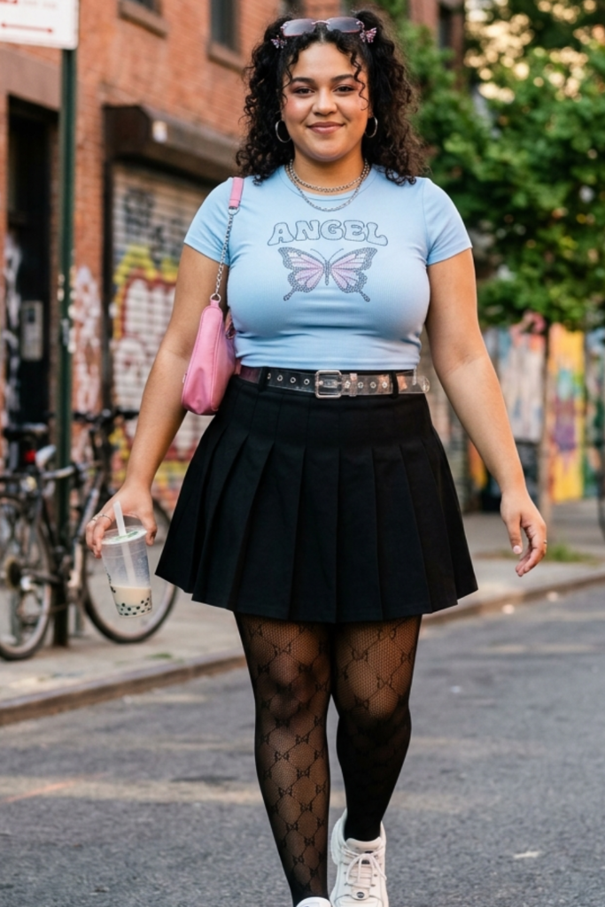 Plus-size streetwear: y2k baby tee with a pleated skirt