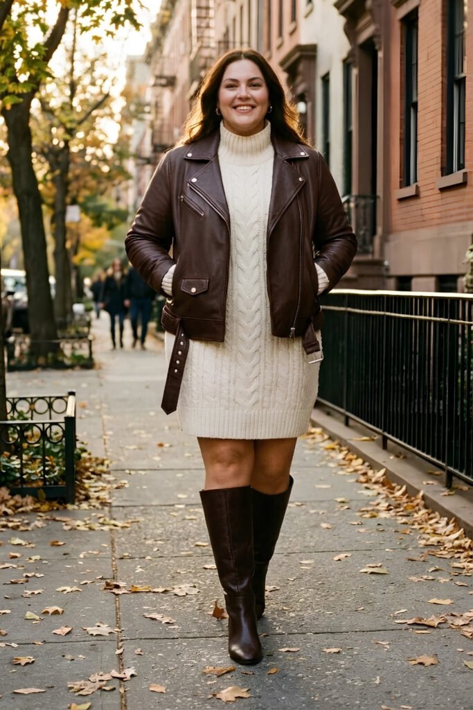 Autumn Leather Jacket over a Knit Dress with Chelsea Boots