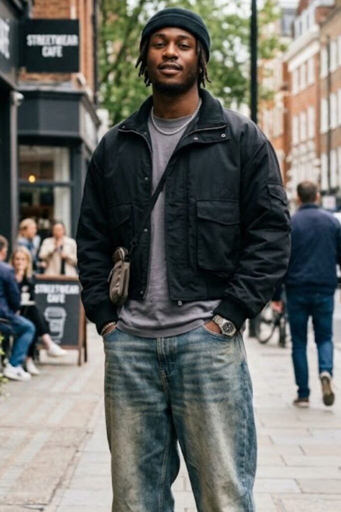 Baggy Jeans with Crop Jacket & Sneakers