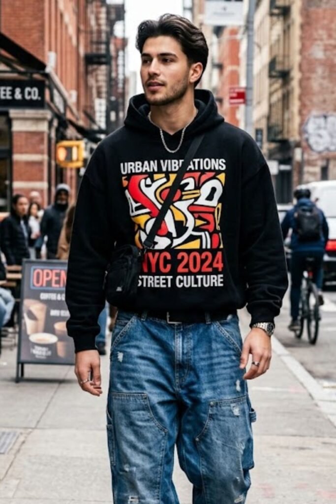 Baggy Jeans with Graphic Hoodie & Sneakers