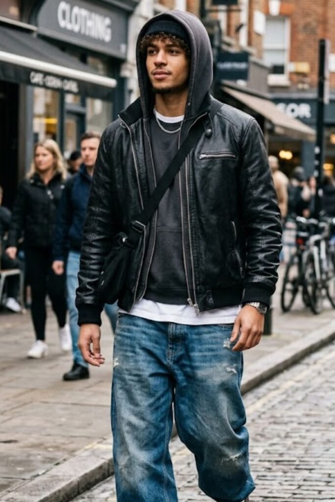 Baggy Jeans with Hooded Leather Jacket