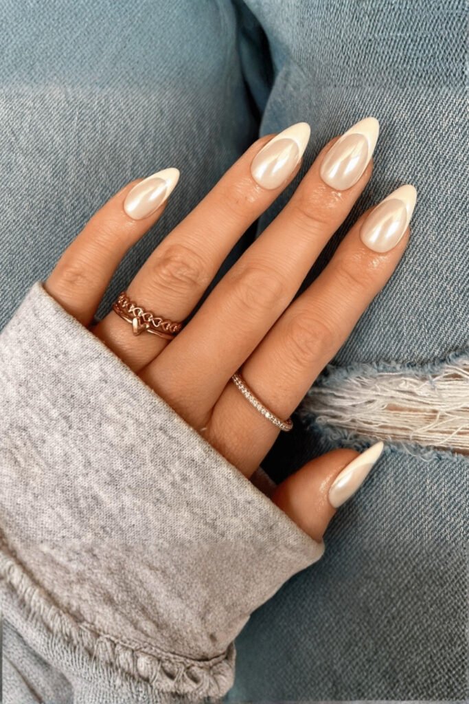 Beige Chrome French Tips Oval Nails