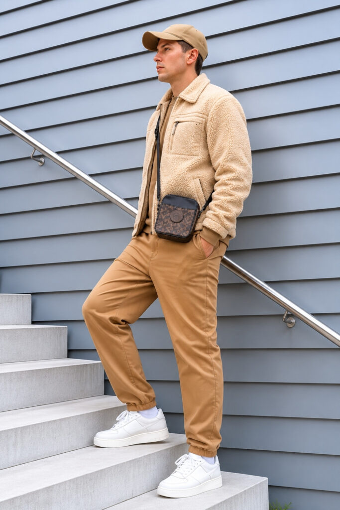 Beige fleece shirt jacket with khaki jeans