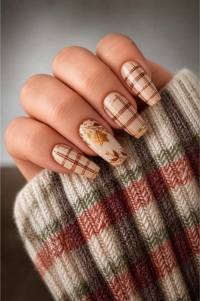 Beige and gold plaid nails held against a plaid knit