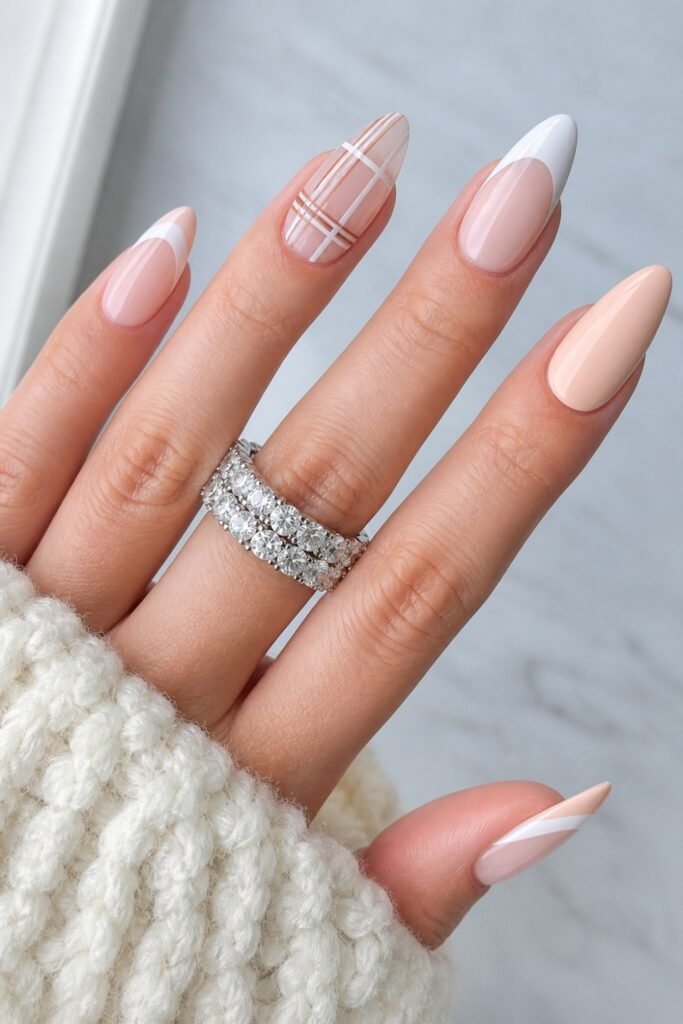 Long almond nails in beige and white minimal plaid