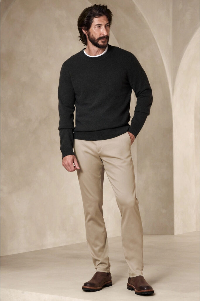 Black crew-neck with khaki chinos