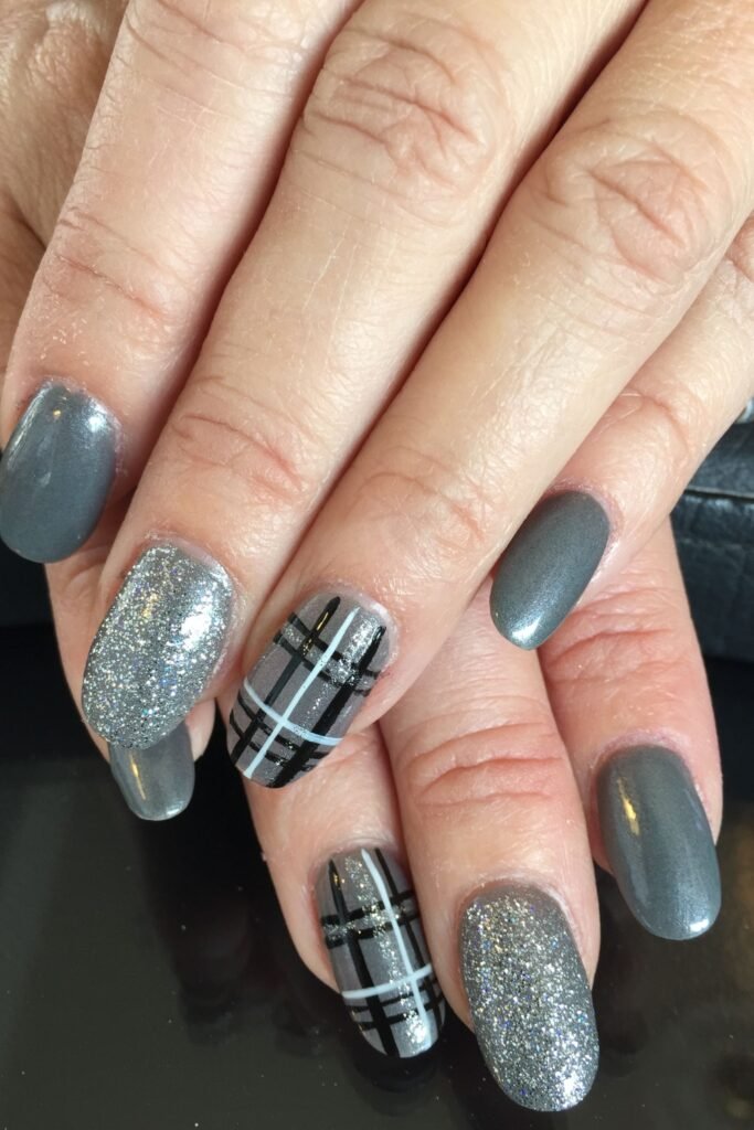 Charcoal plaid nails mixed with silver glitter nails