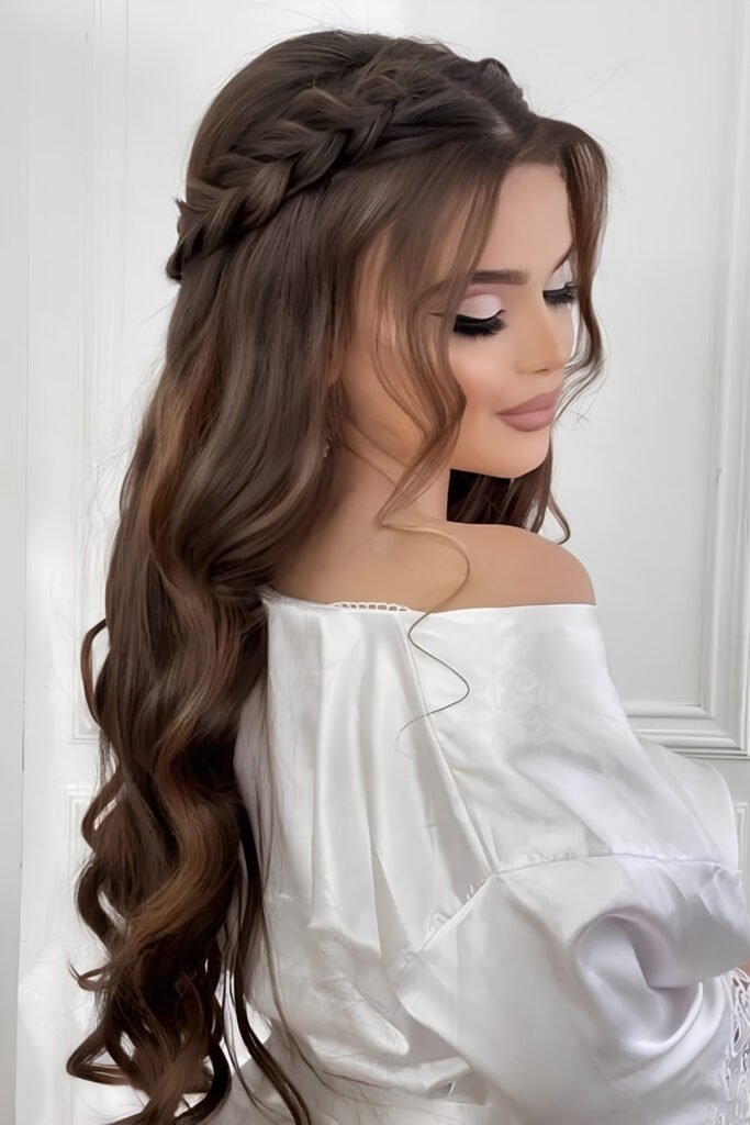 Side view of a braided crown with loose waves
