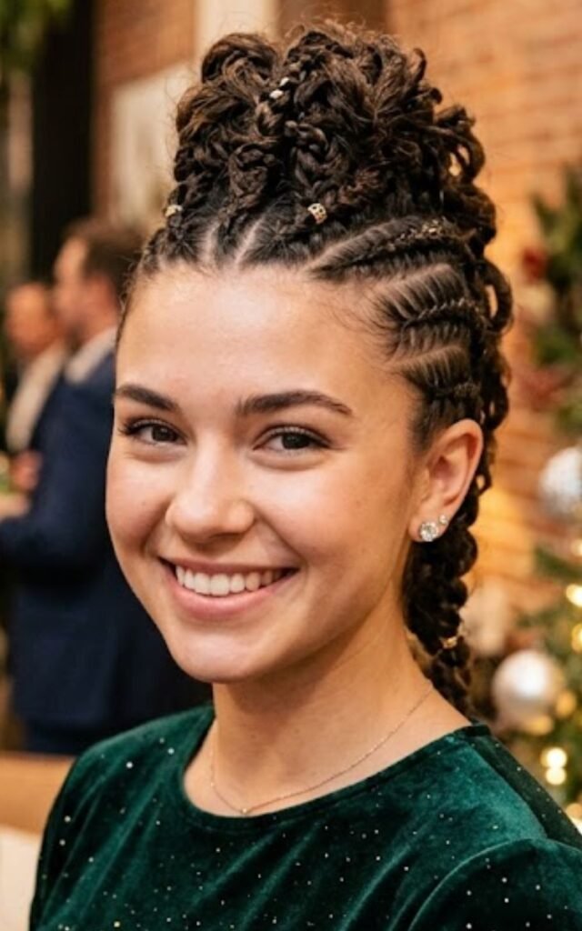 Woman with a braided faux-hawk and curls on top