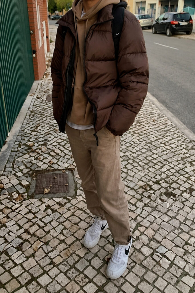 Brown puffer jacket with khaki jeans