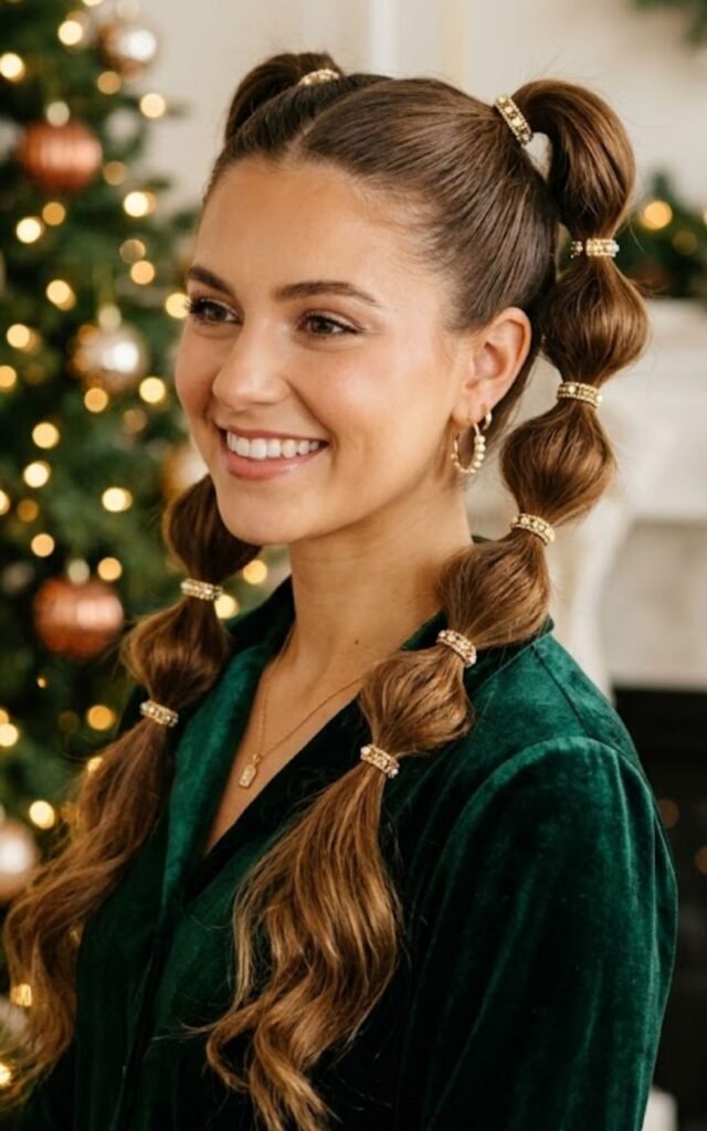 Woman with two bubble braid ponytails by a Christmas tree