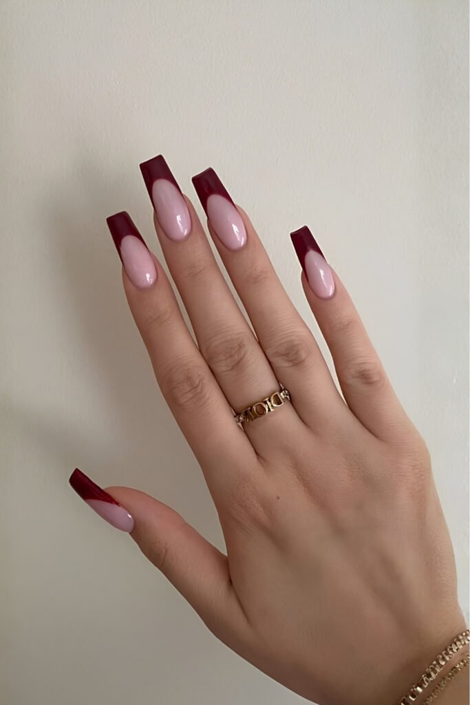 Burgundy French Tip Coffin Nails