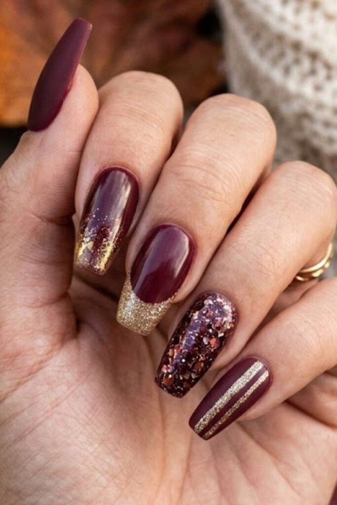 Burgundy Glitter Accent Coffin Nails