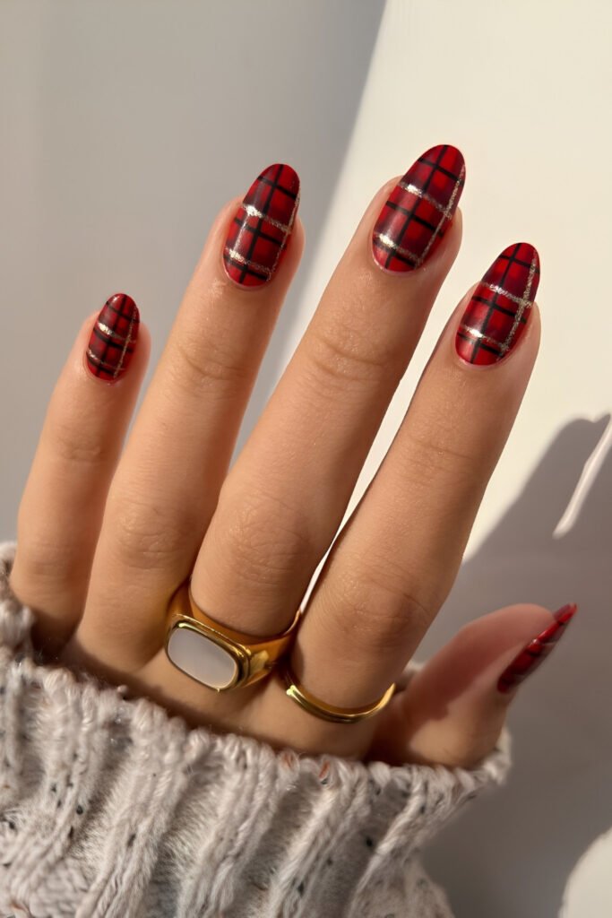 Burgundy Plaid Short Rounded Nails
