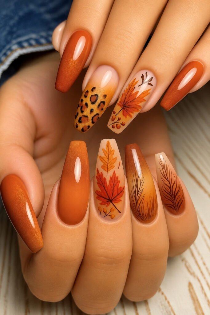 Burnt Orange Coffin Nails with Leaf Accents