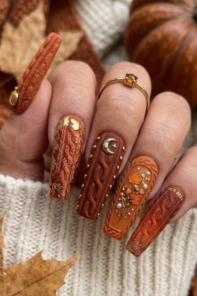 Burnt Orange Sweater Texture Coffin Nails
