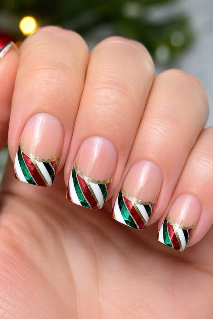 French tips with red, green and white candy cane stripes
